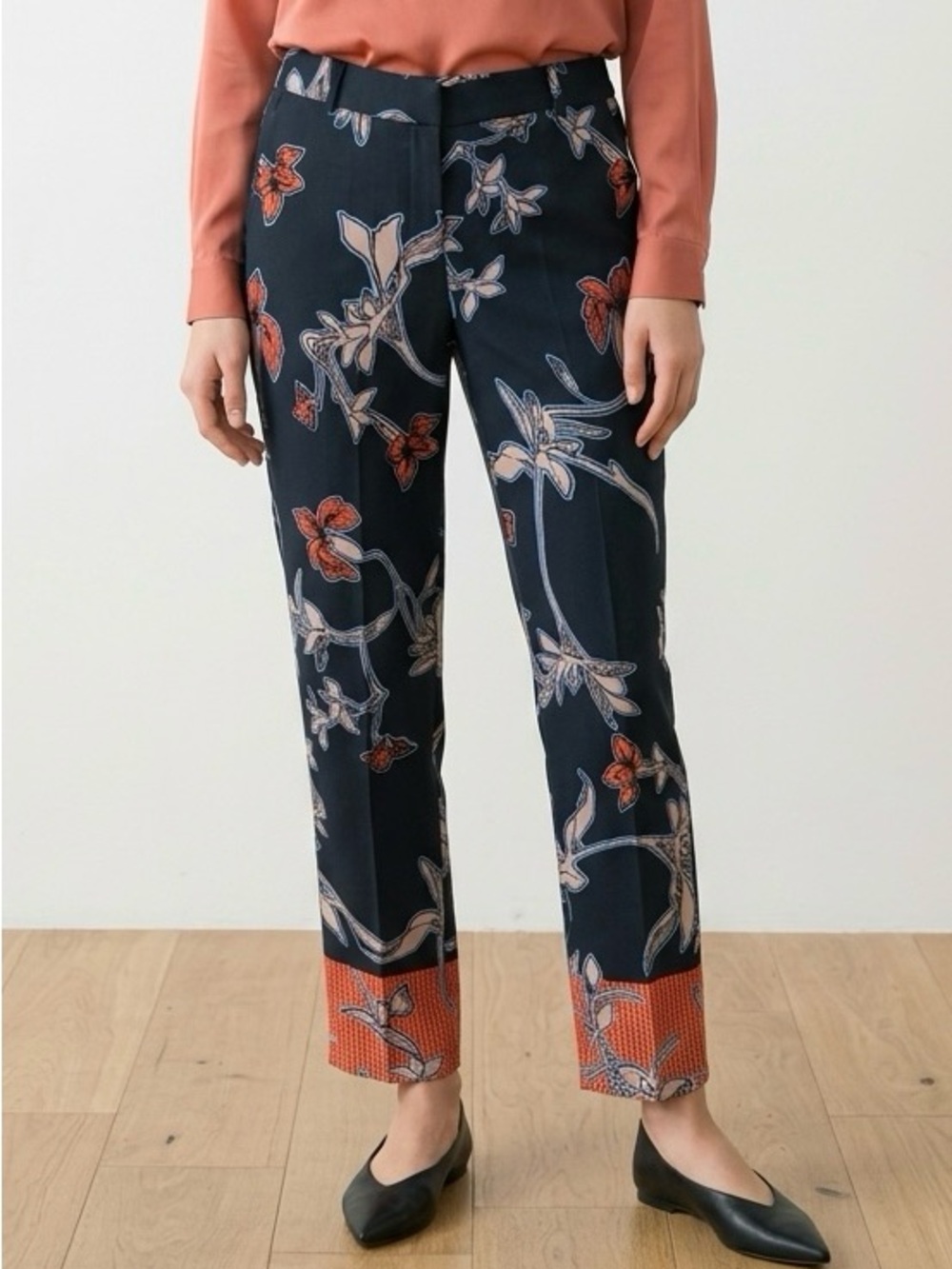 Floral Print Slim Straight Pants in Navy and Orange